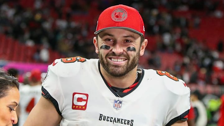 Dec 10, 2023; Atlanta, Georgia, USA; Tampa Bay Buccaneers quarterback Baker Mayfield (6) celebrates after a victory against the Atlanta Falcons at Mercedes-Benz Stadium. Mandatory Credit: Brett Davis-Imagn Images
