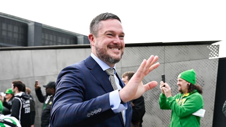 Dec 20, 2025; Eugene, OR, USA;  Oregon Ducks head coach Dan Lanning looks on before the game against the James Madison Dukes at Autzen Stadium. Mandatory Credit: Troy Wayrynen-Imagn Images