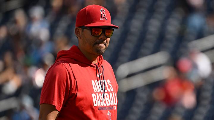 Sep 13, 2026; Washington, District of Columbia, USA;  Los Angeles Angels manager Kurt Suzuki (8) walks back to the dugout after a visit to the mound against the Washington Nationals during the seventh inning at Nationals Park.  Mandatory Credit: Rafael Suanes-Imagn Images
