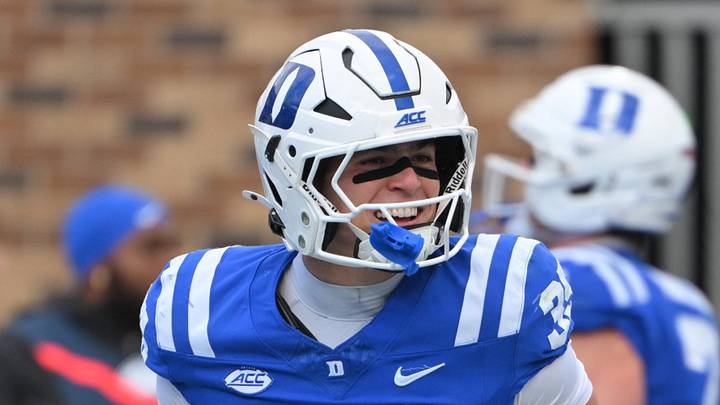 Oct 17, 2026; Durham, North Carolina, USA; Duke Blue Devils saftey Andrew Pellicciotta (35) celebrates his touchdown against the North Carolina Tar Heels during the second quarter at Wallace Wade Stadium. Mandatory Credit: Zachary Taft-Imagn Images Oct 17, 2026; Durham, North Carolina, USA; Duke Blue Devils saftey Andrew Pellicciotta (35) celebrates his touchdown against the North Carolina Tar Heels during the second quarter at Wallace Wade Stadium. Mandatory Credit: Zachary Taft-Imagn Images
