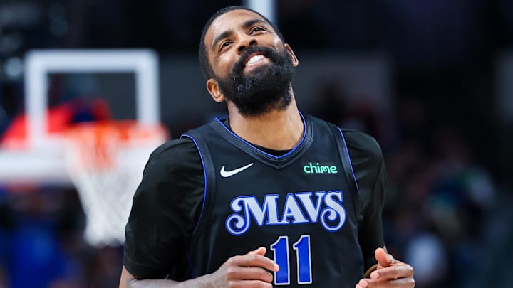 Mar 21, 2024; Dallas, Texas, USA; Dallas Mavericks guard Kyrie Irving (11) reacts after scoring during the second half against the Utah Jazz at American Airlines Center. Mandatory Credit: Kevin Jairaj-Imagn Images Mar 21, 2024; Dallas, Texas, USA; Dallas Mavericks guard Kyrie Irving (11) reacts after scoring during the second half against the Utah Jazz at American Airlines Center. Mandatory Credit: Kevin Jairaj-Imagn Images