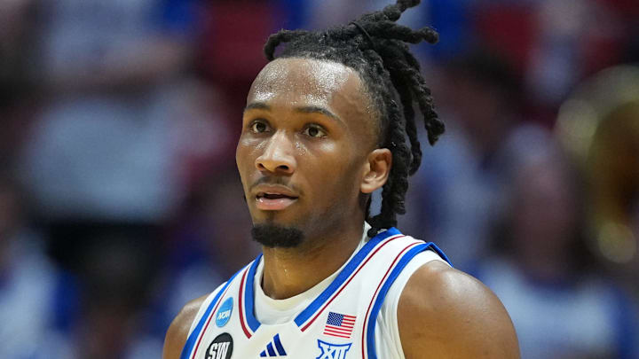 Mar 20, 2026; San Diego, CA, USA; Kansas Jayhawks guard Darryn Peterson (22) looks on in the first half against the California Baptist Lancers during a first round game of the men's 2026 NCAA Tournament at Viejas Arena. Mandatory Credit: Kirby Lee-Imagn Images Mar 20, 2026; San Diego, CA, USA; Kansas Jayhawks guard Darryn Peterson (22) looks on in the first half against the California Baptist Lancers during a first round game of the men's 2026 NCAA Tournament at Viejas Arena. Mandatory Credit: Kirby Lee-Imagn Images