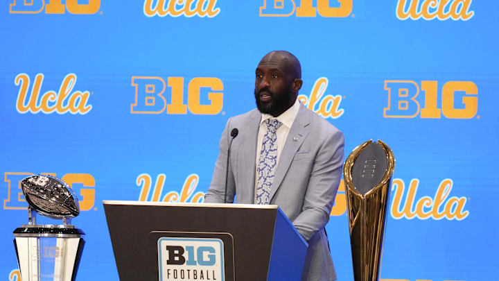 Jul 24, 2025; Las Vegas, NV, USA; UCLA head coach DeShaun Foster speaks to the media during the Big Ten NCAA college football media days at Mandalay Bay Resort. Mandatory Credit: Lucas Peltier-Imagn Images