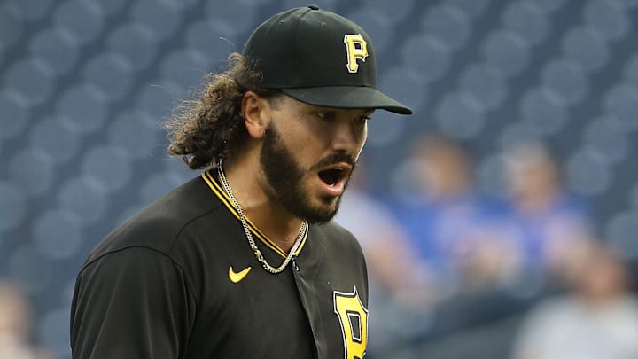May 25, 2021; Pittsburgh, Pennsylvania, USA; Pittsburgh Pirates starting pitcher Cody Ponce (44) reacts after the Pirates turned a double play against the Chicago Cubs to end the second inning at PNC Park. Mandatory Credit: Charles LeClaire-Imagn Images May 25, 2021; Pittsburgh, Pennsylvania, USA; Pittsburgh Pirates starting pitcher Cody Ponce (44) reacts after the Pirates turned a double play against the Chicago Cubs to end the second inning at PNC Park. Mandatory Credit: Charles LeClaire-Imagn Images