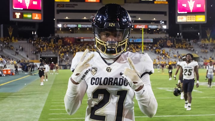 Oct 7, 2023; Tempe, Arizona, USA; Colorado Buffaloes safety Shilo Sanders (21) against the Arizona State Sun Devils at Mountain America Stadium. Mandatory Credit: Mark J. Rebilas-Imagn Images