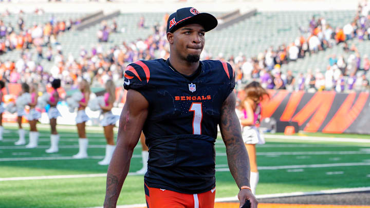 Cincinnati Bengals wide receiver Ja'Marr Chase (1) walks off the field after another loss at home against the Baltimore Ravens. The Bengals lost won 41-38 in overtime during NFL Week 5 Sunday October 6, 2024 at Payor Stadium.