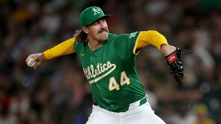 Aug 30, 2025; West Sacramento, California, USA; Athletics pitcher Tyler Ferguson(44) throws a pitch against the Texas Rangers during the sixth inning at Sutter Health Park. Mandatory Credit: Dennis Lee-Imagn Images