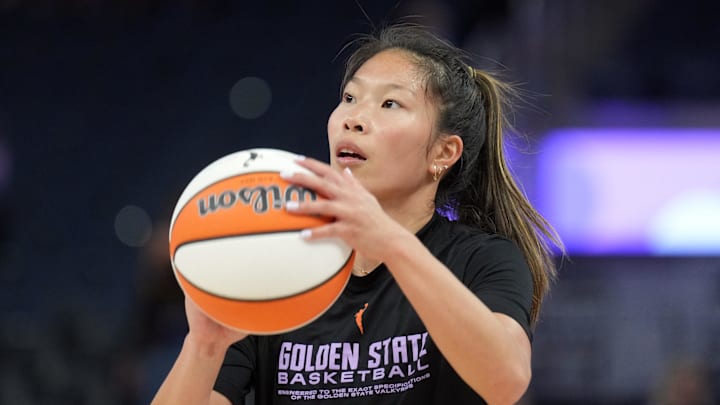 Aug 31, 2025; San Francisco, California, USA; Golden State Valkyries guard Kaitlyn Chen (2) warms up before the game against the Indiana Fever at Chase Center. Mandatory Credit: Darren Yamashita-Imagn Images
