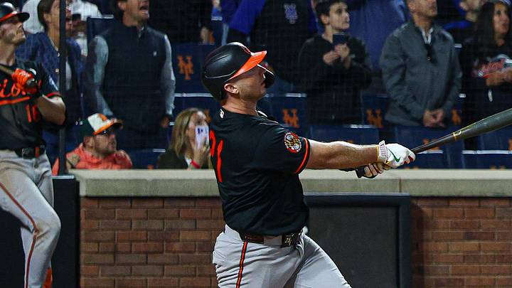 Sep 15, 2026; New York City, New York, USA; Baltimore Orioles first baseman Pete Alonso (21) hits a solo home run during the ninth inning against the New York Mets  at Citi Field. Mandatory Credit: Vincent Carchietta-Imagn Images