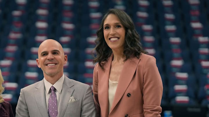 Apr 4, 2025; Tampa, FL, USA; ESPN sideline reporter Holly Rowe (left), play-by-play announcer Ryan Ruocco (center) and analyst Rebecca Lobo pose prior to a semifinal of the women's 2025 NCAA tournament at Amalie Arena. Mandatory Credit: Kirby Lee-Imagn Images