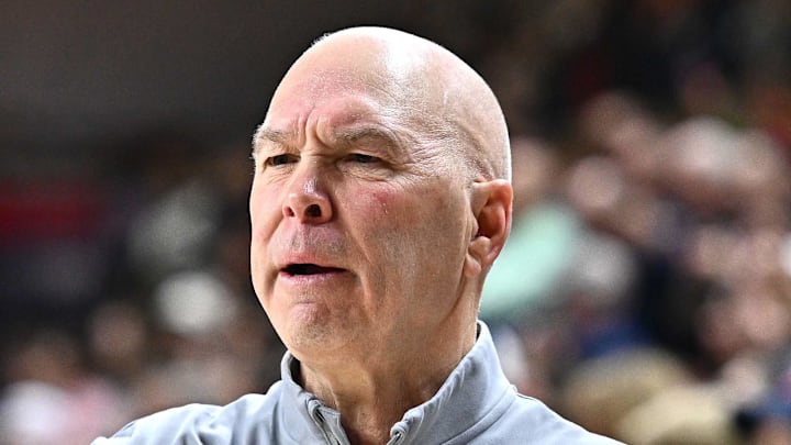 Jan 31, 2026; Spokane, Washington, USA; Saint Mary's Gaels head coach Randy Bennett talks with an official during a game against the Gonzaga Bulldogs in the second half at McCarthey Athletic Center. Mandatory Credit: James Snook-Imagn Images