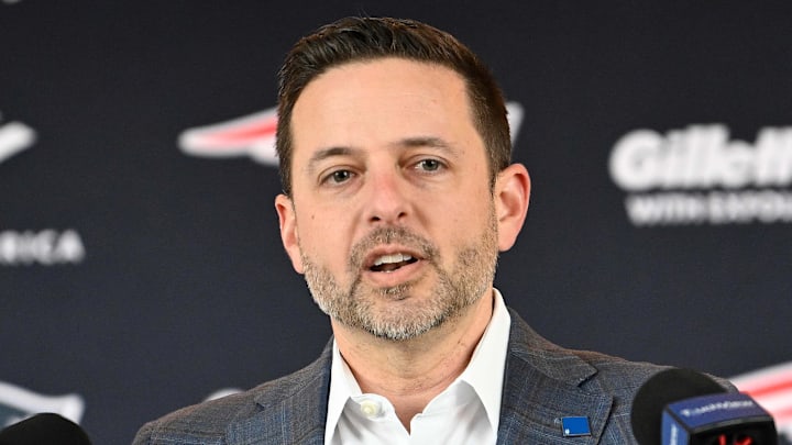 Mar 13, 2025; Foxborough, MA, USA; New England Patriots executive vice president of player personnel Eliot Wolf  discusses the teamís recent free agent additions with the media at Gillette Stadium. Mandatory Credit: Eric Canha-Imagn Images