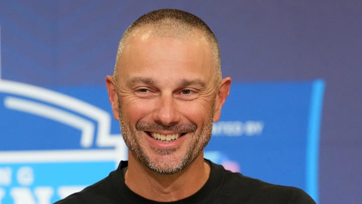 Feb 24, 2026; Indianapolis, IN, USA; Las Vegas Raiders general manager John Spytek speaks at the NFL Scouting Combine at the Indiana Convention Center. Mandatory Credit: Kirby Lee-Imagn Images