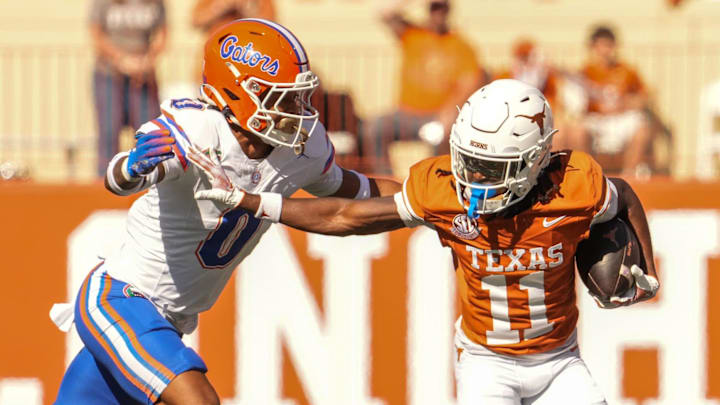 Texas Longhorns wide receiver Silas Bolden (11) advances the ball during the Longhorns' game against the Florida Gators, Nov. 9, 2024 at Darrell K. Royal Texas Memorial Stadium in Austin.
