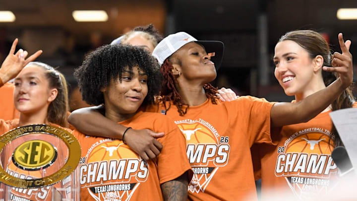 The Texas Longhorns celebrate Sunday, March 8, 2026, after the SEC Women's Basketball Tournament Championship game against the South Carolina Gamecocks at Bon Secours Wellness Arena in Greenville, South Carolina. Texas Longhorns won 78-61.