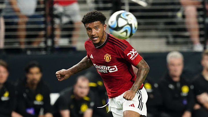 Jul 30, 2023; Las Vegas, Nevada, USA; Manchester United forward Jadon Sancho (25) kicks the ball during the first half against Borussia Dortmund at Allegiant Stadium. Mandatory Credit: Lucas Peltier-Imagn Images