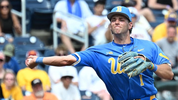 Jun 14, 2025; Omaha, Neb, USA; UCLA Bruins shortstop Roch Cholowsky (1) throws to first base against the Murray State Racers during the ninth inning at Charles Schwab Field. Mandatory Credit: Steven Branscombe-Imagn Images Jun 14, 2025; Omaha, Neb, USA; UCLA Bruins shortstop Roch Cholowsky (1) throws to first base against the Murray State Racers during the ninth inning at Charles Schwab Field. Mandatory Credit: Steven Branscombe-Imagn Images