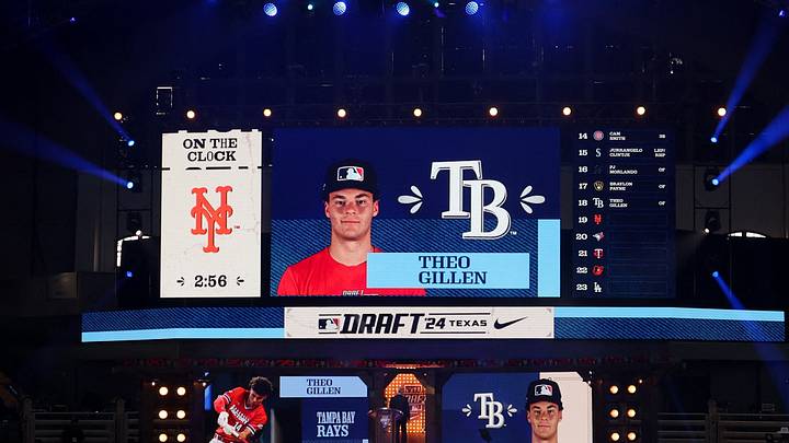 Jul 14, 2024; Ft. Worth, TX, USA; Theo Gillen is drafted by the Tampa Bay Rays with the 18th pick during the first round of the MLB Draft at Cowtown Coliseum. Mandatory Credit: Kevin Jairaj-USA TODAY Sports Jul 14, 2024; Ft. Worth, TX, USA; Theo Gillen is drafted by the Tampa Bay Rays with the 18th pick during the first round of the MLB Draft at Cowtown Coliseum. Mandatory Credit: Kevin Jairaj-USA TODAY Sports