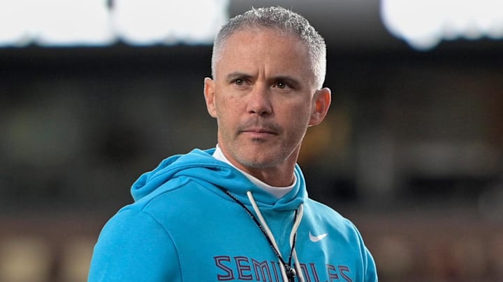 Nov 1, 2025; Tallahassee, Florida, USA; Florida State Seminoles head coach Mike Norvell looks on before the game against the Wake Forest Demon Deacons at Doak S. Campbell Stadium. Mandatory Credit: Melina Myers-Imagn Images