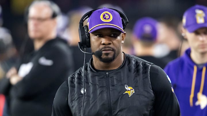 Jan 13, 2025; Glendale, AZ, USA; Minnesota Vikings defensive coordinator Brian Flores against the Los Angeles Rams during an NFC wild card game at State Farm Stadium. Mandatory Credit: Mark J. Rebilas-Imagn Images