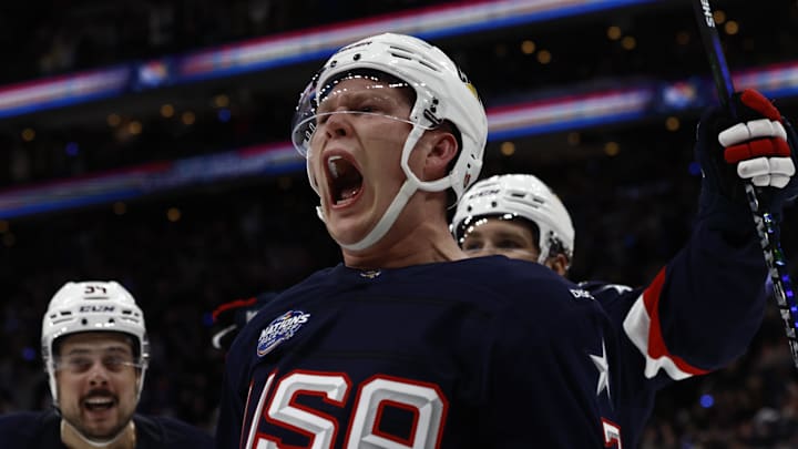Feb 20, 2025; Boston, MA, USA; Brady Tkachuk, here celebrating a goal against Canada in the 4 Nations Face-Off, will be back on Team USA for the 2026 U.S. Olympic Winter Games in Italy. Feb 20, 2025; Boston, MA, USA; Brady Tkachuk, here celebrating a goal against Canada in the 4 Nations Face-Off, will be back on Team USA for the 2026 U.S. Olympic Winter Games in Italy.