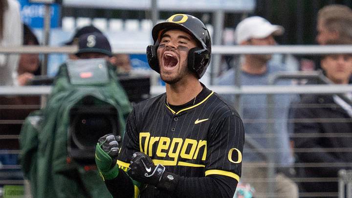 Oregon’s Angel Laya celebrates a triple against Yale in the fourth inning of the NCAA Eugene Regional Baseball Tournament game at PK Park n Eugene May 29, 2026.