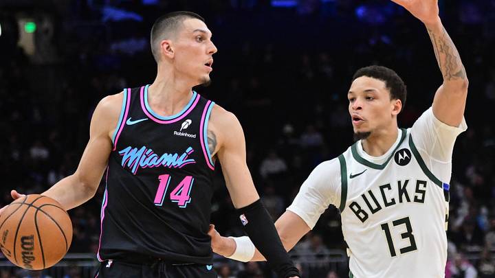 Feb 24, 2026; Milwaukee, Wisconsin, USA; Miami Heat guard Tyler Herro (14) looks for a shot against Milwaukee Bucks guard Ryan Rollins (13) in the fourth quarter at Fiserv Forum. Mandatory Credit: Benny Sieu-Imagn Images Feb 24, 2026; Milwaukee, Wisconsin, USA; Miami Heat guard Tyler Herro (14) looks for a shot against Milwaukee Bucks guard Ryan Rollins (13) in the fourth quarter at Fiserv Forum. Mandatory Credit: Benny Sieu-Imagn Images