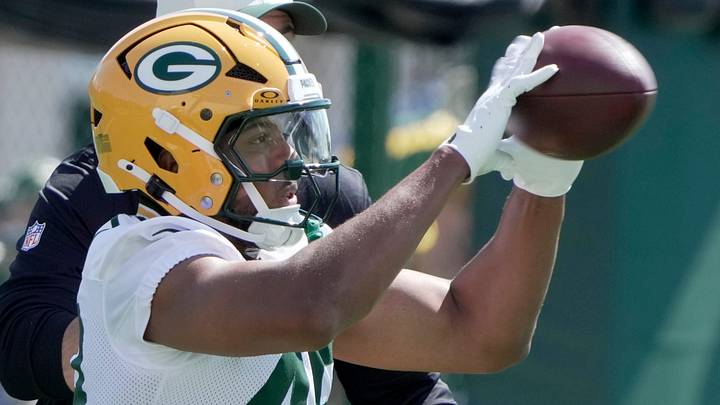 Green Bay Packers tight end Drake Dabney catches a pass during training camp. He is playing his way onto the roster. Green Bay Packers tight end Drake Dabney catches a pass during training camp. He is playing his way onto the roster.