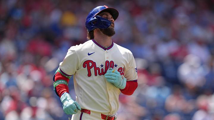 May 20, 2026; Philadelphia, Pennsylvania, USA; Philadelphia Phillies infielder Bryce Harper (3) reacts after flying out against the Cincinnati Reds in the sixth inning at Citizens Bank Park. May 20, 2026; Philadelphia, Pennsylvania, USA; Philadelphia Phillies infielder Bryce Harper (3) reacts after flying out against the Cincinnati Reds in the sixth inning at Citizens Bank Park.