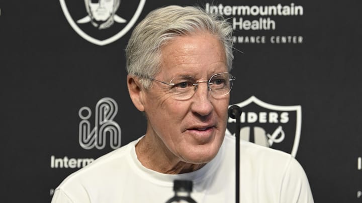 Apr 25, 2025; Henderson, NV, USA; Las Vegas Raiders head coach Pete Carroll at a news conference introducing Ashton Jeanty as the first round draft pick in the 2025 NFL Draft at Intermountain Health Performance Center.