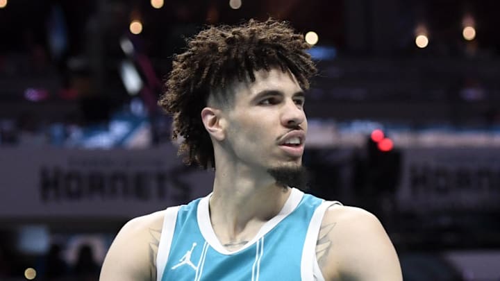 Mar 25, 2025; Charlotte, North Carolina, USA;  Charlotte Hornets guard LaMelo Ball (1) looks around after being called for a foul during the second half against the Orlando Magic at the Spectrum Center. Mandatory Credit: Sam Sharpe-Imagn Images
