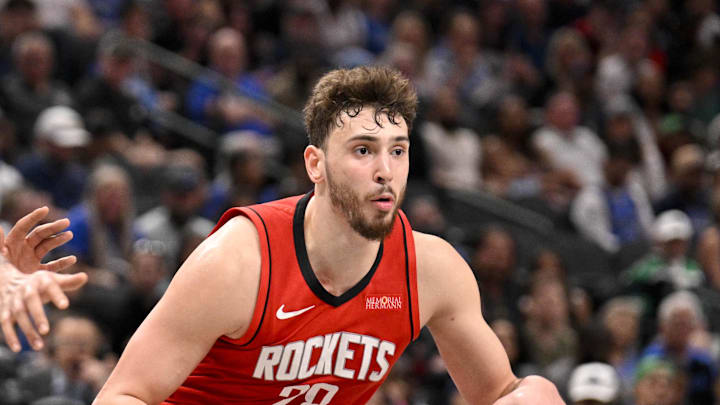 Feb 8, 2025; Dallas, Texas, USA; Dallas Mavericks forward Anthony Davis (3) and Houston Rockets center Alperen Sengun (28) in action during the game between the Dallas Mavericks and the Houston Rockets at the American Airlines Center. Mandatory Credit: Jerome Miron-Imagn Images