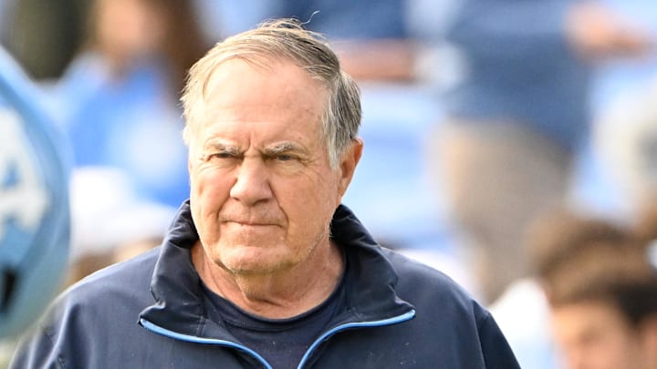 Oct 25, 2025; Chapel Hill, North Carolina, USA; North Carolina Tar Heels head coach Bill Belichick with the team before the game at Kenan Stadium. Mandatory Credit: Bob Donnan-Imagn Images