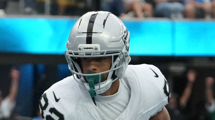 Sep 20, 2026; Inglewood, California, USA; Las Vegas Raiders wide receiver Cody White (82) celebrates after scoring a touchdown against the Los Angeles Chargers during the second half at SoFi Stadium. Mandatory Credit: Kirby Lee-Imagn Images Sep 20, 2026; Inglewood, California, USA; Las Vegas Raiders wide receiver Cody White (82) celebrates after scoring a touchdown against the Los Angeles Chargers during the second half at SoFi Stadium. Mandatory Credit: Kirby Lee-Imagn Images