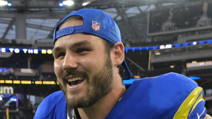 Jan 4, 2026; Inglewood, California, USA;  Los Angeles Rams tight end Colby Parkinson (84) leaves the field following a game against the Arizona Cardinals at SoFi Stadium. Mandatory Credit: Jayne Kamin-Oncea-Imagn Images