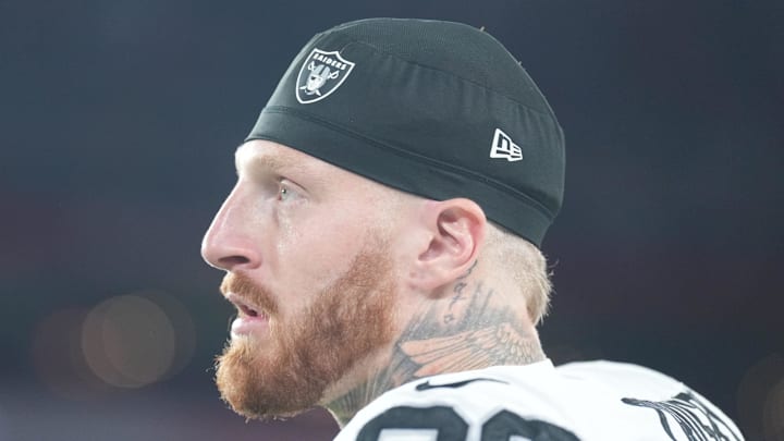 Aug 23, 2025; Glendale, Arizona, USA; Las Vegas Raiders defensive end Maxx Crosby (98) looks on against the Arizona Cardinals during the first half at State Farm Stadium. Mandatory Credit: Joe Camporeale-Imagn Images