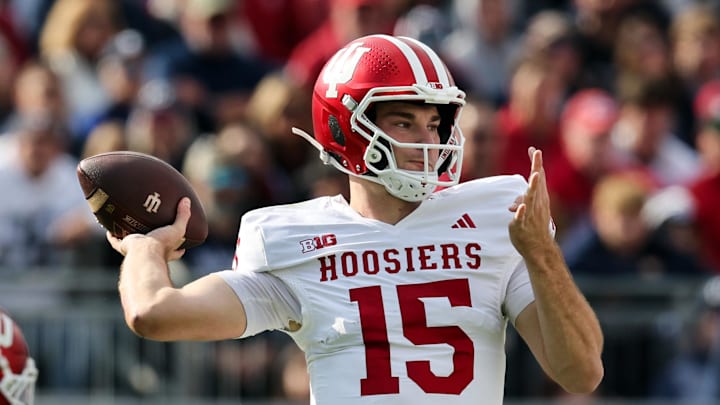 Nov 8, 2025; University Park, Pennsylvania, USA; Indiana Hoosiers quarterback Fernando Mendoza (15) throws a pass during the first quarter against the Penn State Nittany Lions at Beaver Stadium. Mandatory Credit: Matthew O'Haren-Imagn Images Nov 8, 2025; University Park, Pennsylvania, USA; Indiana Hoosiers quarterback Fernando Mendoza (15) throws a pass during the first quarter against the Penn State Nittany Lions at Beaver Stadium. Mandatory Credit: Matthew O'Haren-Imagn Images
