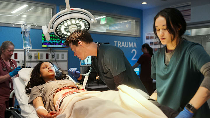 PULSE. (L to R) Ash Santos as Nia Washington, Jack Bannon as Tom Cole, and Chelsea Muirhead as Sophie Chan in Episode 102 of Pulse