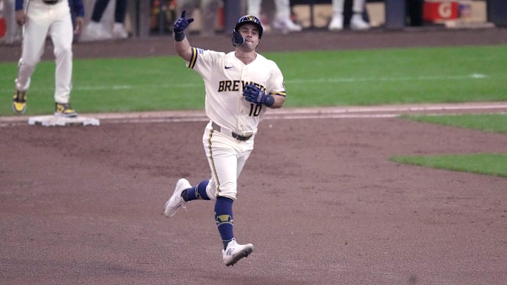 Milwaukee Brewers right fielder Sal Frelick (10) rounds first base after hitting a solo home run during the second inning of their game against the Arizona Diamondbacks Thursday, April 28, 2026 at American Family Field in Milwaukee, Wisconsin.Mark Hoffman/Milwaukee Journal Sentinel