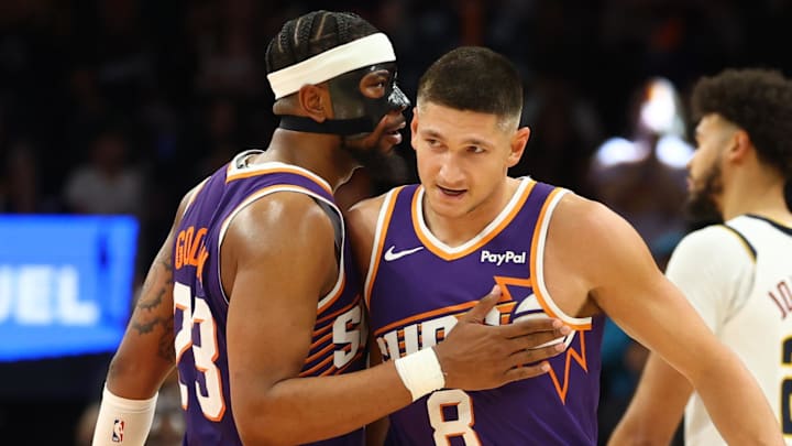 Mar 24, 2026; Phoenix, Arizona, USA; Phoenix Suns guard Grayson Allen (8) celebrates with teammate Jordan Goodwin (23) against the Denver Nuggets in the second half at Mortgage Matchup Center. Mandatory Credit: Mark J. Rebilas-Imagn Images