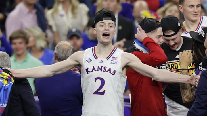 Former Kansas guard Christian Braun celebrates the team's NCAA tournament win in 2022.