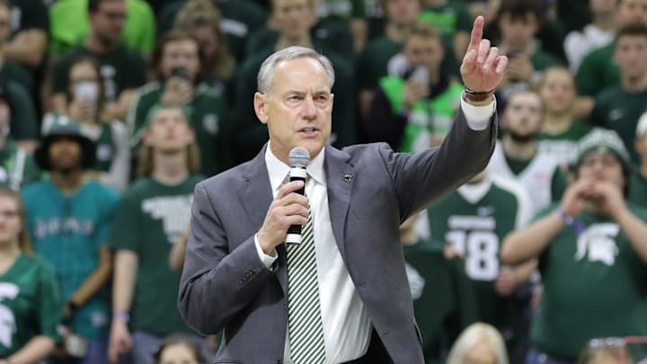 Head football coach Mark Dantonio talks to fans after announcing his retirement after 13 seasons during halftime of the Michigan State vs. Penn State basketball game Feb. 4, 2020 at the Breslin Center in East Lansing. Head football coach Mark Dantonio talks to fans after announcing his retirement after 13 seasons during halftime of the Michigan State vs. Penn State basketball game Feb. 4, 2020 at the Breslin Center in East Lansing.