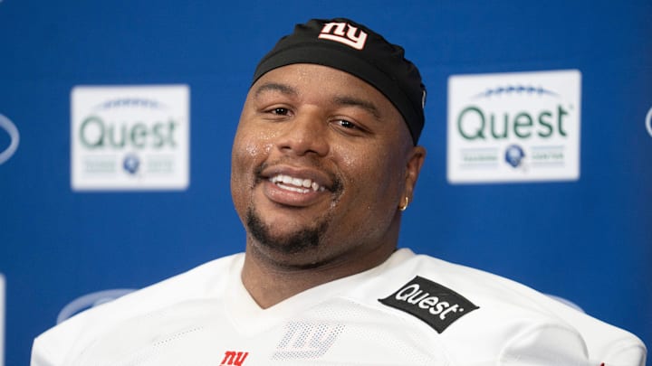 New York Giants defensive tackle Dexter Lawrence II (97) speaks at a press conference during day one of the New York Giants training camp at Quest Diagnostics Giants Training Center in East Rutherford on Wednesday, July 23, 2025.