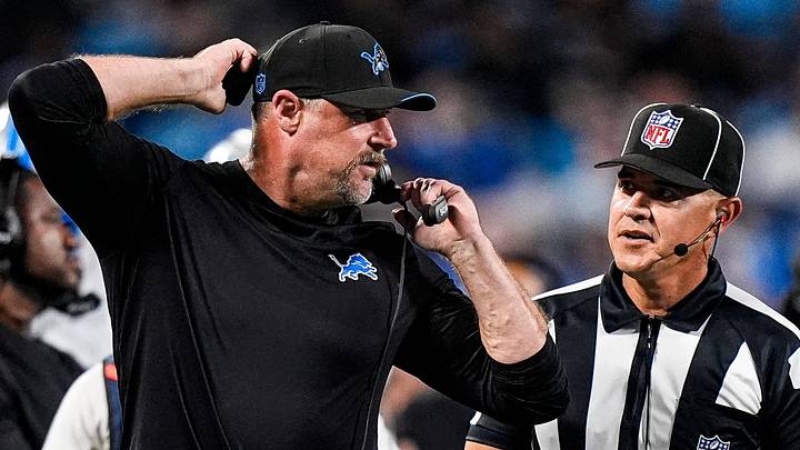 Detroit Lions head coach Dan Campbell talks to a referee after a play against Carolina Panthers in the first half Detroit Lions head coach Dan Campbell talks to a referee after a play against Carolina Panthers in the first half
