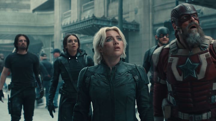 (L-R) Bucky Barnes (Sebastian Stan), Ghost (Hannah John-Kamen), Yelena Belova (Florence Pugh), John Walker (Wyatt Russell), and Red Guardian/Alexei Shostakov (David Harbour) in Marvel Studios' THUNDERBOLTS*. Photo courtesy of Marvel Studios. © 2024 MARVEL.