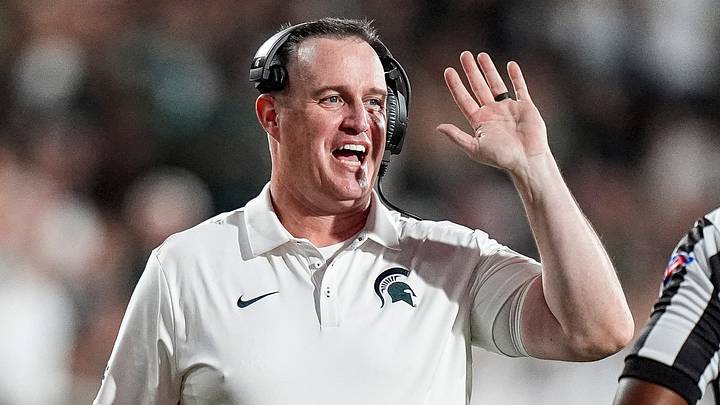 Michigan State head coach Pat Fitzgerald talks to a referee after a play against Toledo during the second half at Spartan Stadium in East Lansing on Friday, Sept. 4, 2026.
