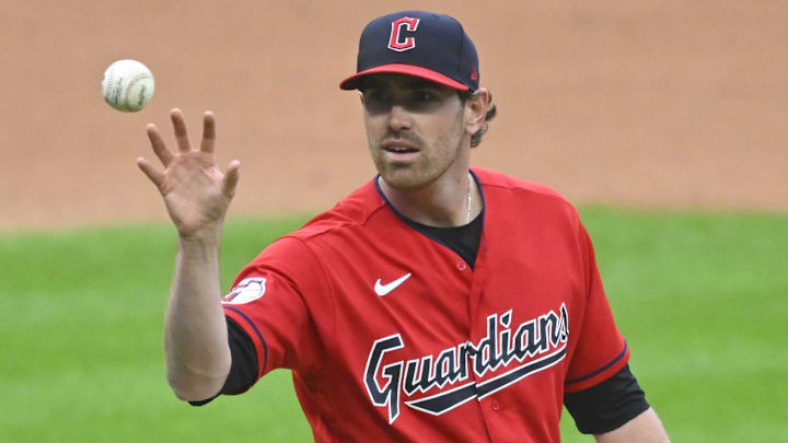 Apr 22, 2023; Cleveland, Ohio, USA; Cleveland Guardians starting pitcher Shane Bieber (57) reacts after giving up a home run in the sixth inning against the Miami Marlins at Progressive Field. Mandatory Credit: David Richard-Imagn Images