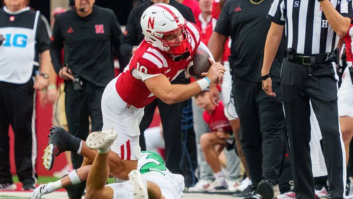 Nebraska quarterback Anthony Colandrea is tackled by North Dakota defensive back Avery Dixon during the first quarter. Nebraska quarterback Anthony Colandrea is tackled by North Dakota defensive back Avery Dixon during the first quarter.