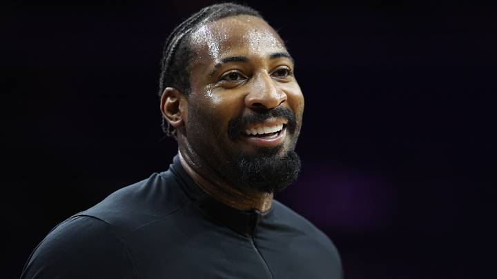Dec 12, 2025; Philadelphia, Pennsylvania, USA; Philadelphia 76ers center Andre Drummond before action against the Indiana Pacers at Xfinity Mobile Arena. Mandatory Credit: Bill Streicher-Imagn Images