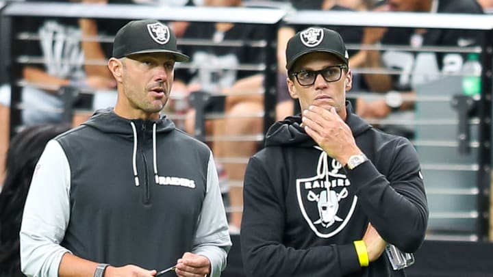 Las Vegas Raiders GM John Spytek, and minority owner Tom Brady